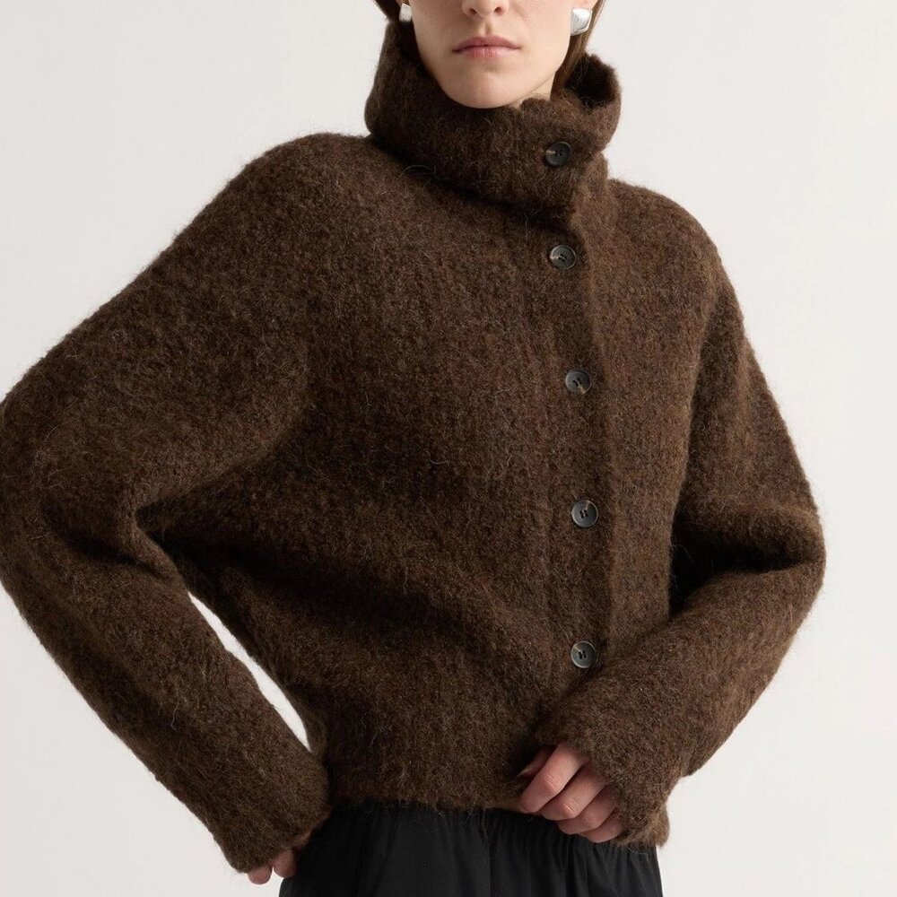 Modern Citizen Sacha Brown Fuzzy Alpaca Wool Funnel Neck Cardigan Size Medium